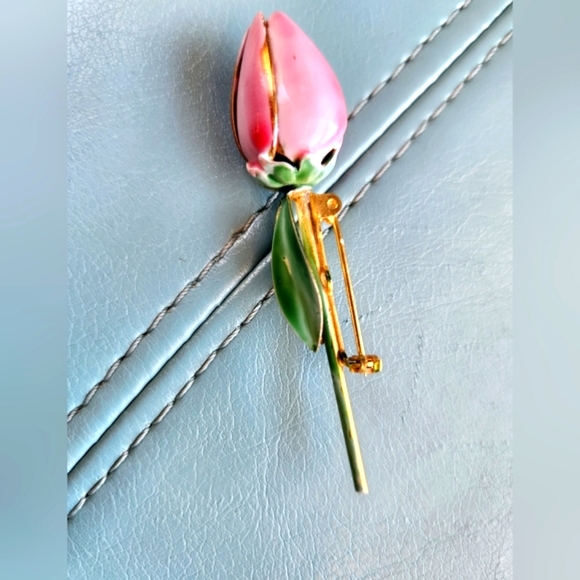 40s SANDOR CO Rose Pink Tulip Bud Olive Green Leaves Enamel Gold RARE Pin Brooch - Picture 15 of 16